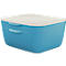 Blue food container with lid. Lid is white. Handles are on the box.