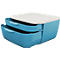 Blue lunch box with white lid, two separate compartments and handles.
