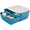 Blue and white storage box with drawers filled with glasses, mug, pen and tea package.