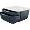 Dark blue lunch box with white lid. Two drawers with gray handles.