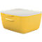 Yellow lunch box with white lid, two handles and lettering.