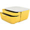 Yellow lunch box with white lid. Two compartments, lid slightly open.
