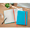 Turquoise notitieboek, open en dicht, met rode bladwijzer op licht hout, naast potlood en plant.