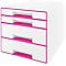 White desk organizer with four drawers, pink frames and handle recesses.