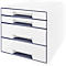 White drawer cabinet with four drawers and dark blue handles. Square shape.