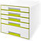 White drawer cabinet with four drawers, lime green recessed grips and frames.