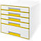 White drawer cabinet with yellow handles. Four drawers, yellow bordered.