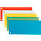 Overlapping, colorful index cards with holes: red, white, yellow, green, blue. White background.