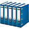 Blue file folders lined up. White labels with the "LEITZ" logo are visible on the spines.