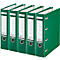 Five green file folders are standing next to each other. The white labels are labeled, with the 'LEITZ' logo.