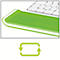 Green wrist rest with white border, keyboard in the background. Graphic with arrows as a recycling symbol.