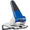 Blue and white Leitz brand hole punch. A gray lever is folded down for punching.