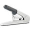 A gray stapler on a white background, the staples are open.