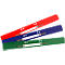 Three colored binder strips, red, blue and green, overlap diagonally. White stripes with lettering are visible.