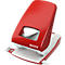 Red Leitz paper punch, top view. White base, red lever, recess in the middle. The brand name 'Leitz' is on the right.