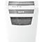 White paper shredder with the Leitz logo. There are control buttons and indicator lights at the top. The container for the shredded paper is at the bottom.