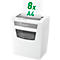 White paper shredder with paper shreds. Paper with green print "8x A4" is fed in at the top.