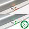Detail van een lamineermachine: verlichte rode en groene indicatoren. Symbool voor 'verzegeld, rand eerst'.