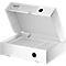 White Leitz file box, open, filled with files, black hole.