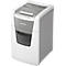 Leitz shredder. Gray and white casing, paper outlet with shredded paper. Control panel with buttons.