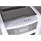 Close-up of a white paper shredder. The control panel is labeled and lit up. The Leitz logo is visible.
