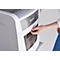 A hand opening a paper tray on a white shredder. The Leitz logo is visible.