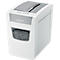 White Leitz paper shredder. Gray top with paper feed slot, control panel below. Front window shows shredded paper.