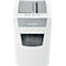 White Leitz paper shredder. Gray accent stripes, paper ejection opening, and container for shredded paper.