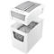Shredder with open collection container. Grey shredded paper. Leitz brand.