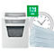 White paper shredder with gray waste container, next to a stack of paper and a clock with a 120 minute label.