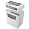 White paper shredder, Leitz logo. Top: Controls. Bottom: Container with shredded paper.