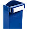 Blue waste paper basket with white name tag. Rounded upper edge, rectangular body.