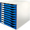 Witte kast met blauwe lades. Elke lade heeft een wit labelveld.