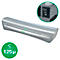 Grey A3 laminator with green and black controls. In detail a switch and the symbol for up to 125µ.