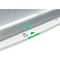 Close-up of a laminator with green indicator lights. On a white surface is a green triangle and a symbol for inserting paper.