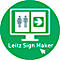 Green circle with a screen displaying toilet symbols and an arrow. Below it says "Leitz Sign Maker".