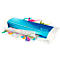 A blue and white Leitz laminator laminating a colorful paper. On top, a paper with dancing figures.