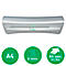 Gray laminator, Home Office A4, with green circles for specifications: A4, 2 minutes heating time, 45 seconds laminating time.