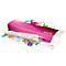 A pink LEITZ laminator. Two sheets of paper with colorful prints are being laminated.