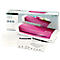 A pink Leitz laminator with accessories. The box and instruction manuals are next to it.