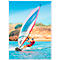 Windsurfer on the water, the sail is white with blue and red accents. The sky is blue.