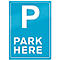 Blue parking sign with white P and text: PARK HERE.