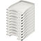 A stack of white, rectangular trays with slightly rounded corners and cutouts for access.