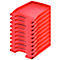 A stack of red paper trays. "LEITZ" is printed on each tray.