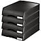 Four black Leitz paper trays stacked. Each tray has the white Leitz logo.