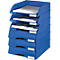 Blue LEITZ file tray, four compartments with papers. Each compartment has a LEITZ label.