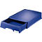 Blue desk drawer, partially open. The brand name "LEITZ" is visible on the drawer.