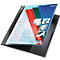 Black Leitz presentation folder, open, with red, green and blue sheets, text on the inside, the folder is partially open.