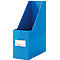 Blue magazine rack with label, on a white background.