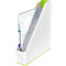 White magazine rack with green accent, filled with a folder with a blue cover.